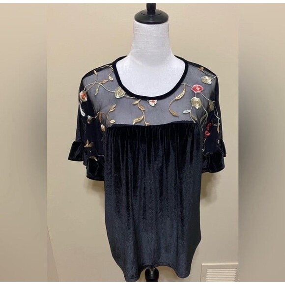 Pleione Tops - Pleione Women's Black Embroidered Floral Blouse